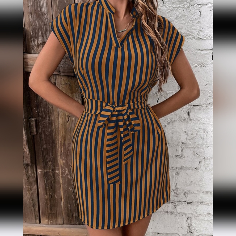 Shein Vertical Striped Notched Neck Batwing Sleeve Belted Dress - Picture 9 of 13